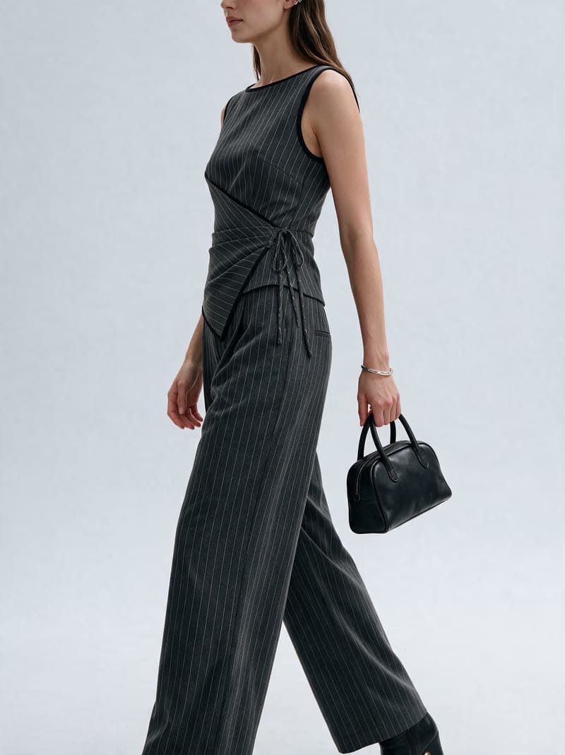 Valeria Pinstripe Asymmetric Wrap Top - Charcoal Pinstripe