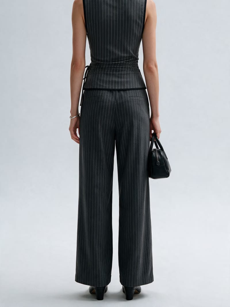 Valeria Pinstripe Asymmetric Wrap Top - Charcoal Pinstripe