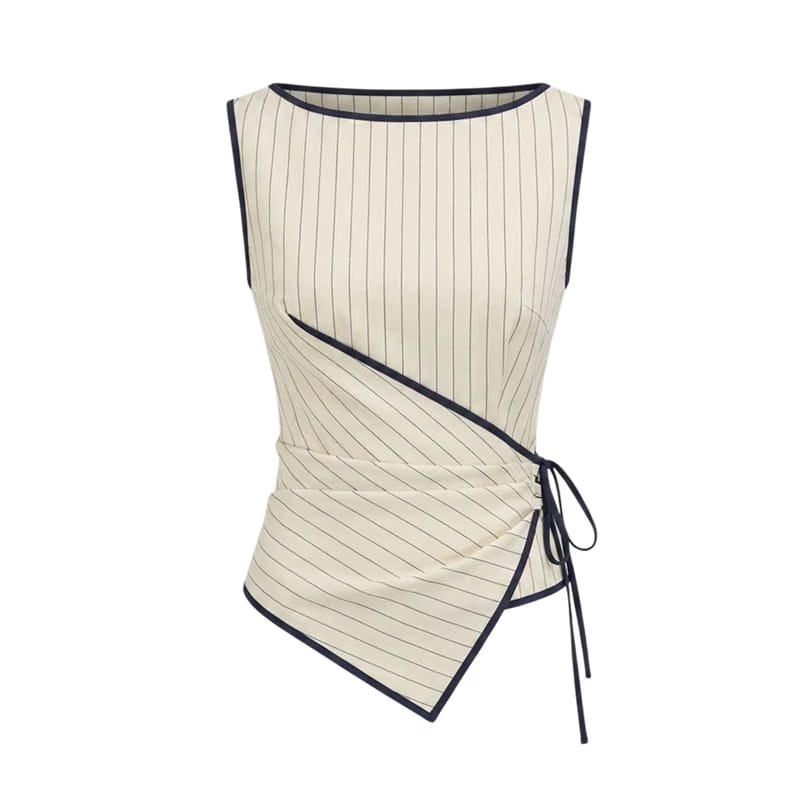 Valeria Pinstripe Asymmetric Wrap Top - Ivory Pinstripe