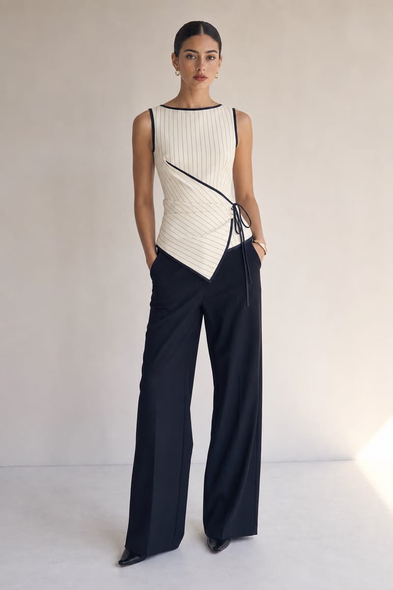 Valeria Pinstripe Asymmetric Wrap Top - Ivory Pinstripe