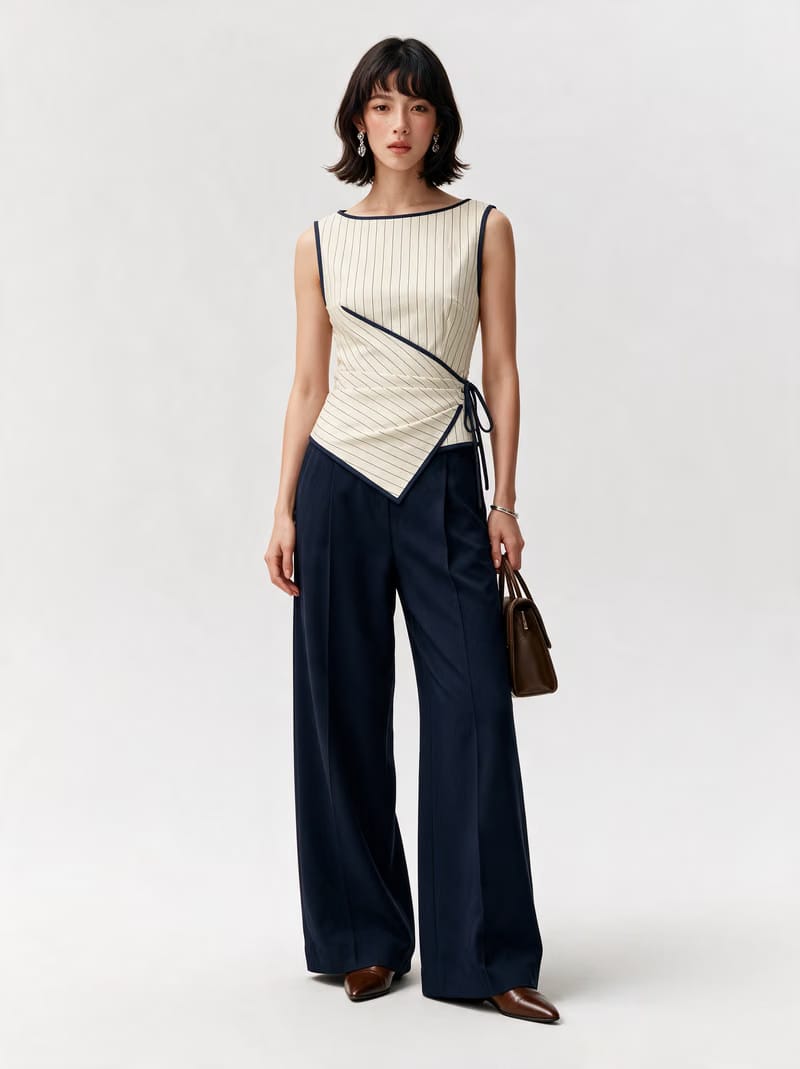 Valeria Pinstripe Asymmetric Wrap Top - Ivory Pinstripe