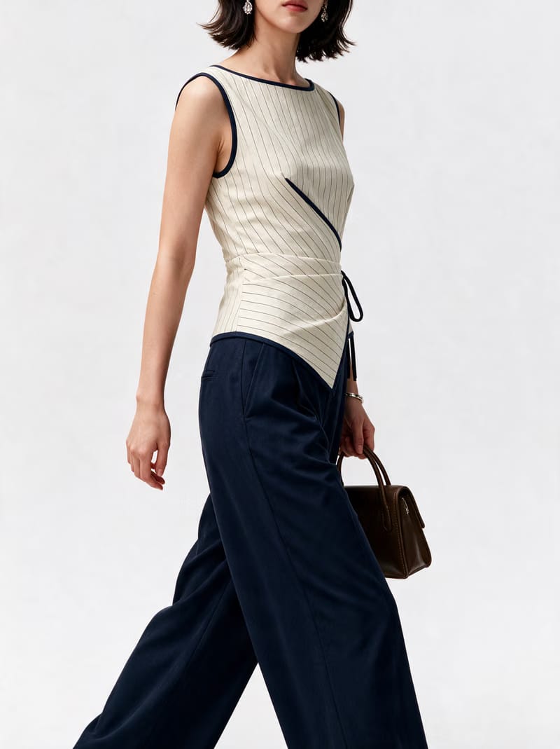 Valeria Pinstripe Asymmetric Wrap Top - Ivory Pinstripe