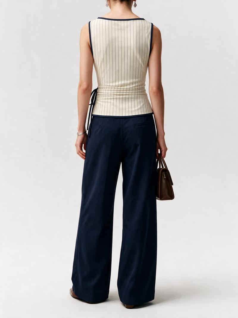 Valeria Pinstripe Asymmetric Wrap Top - Ivory Pinstripe