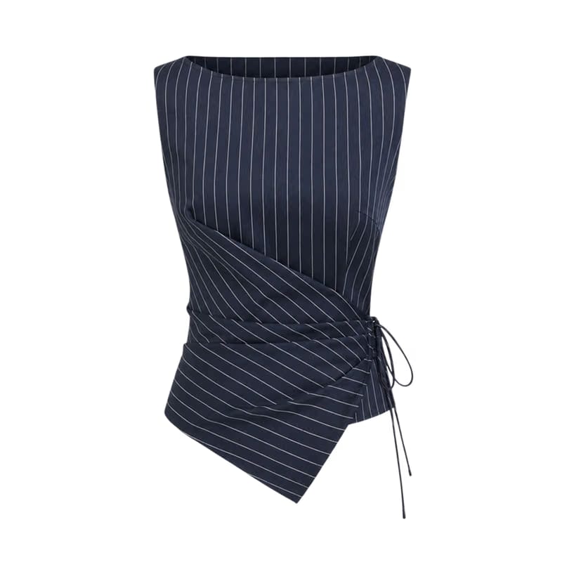 Valeria Pinstripe Asymmetric Wrap Top - Navy Pinstripe