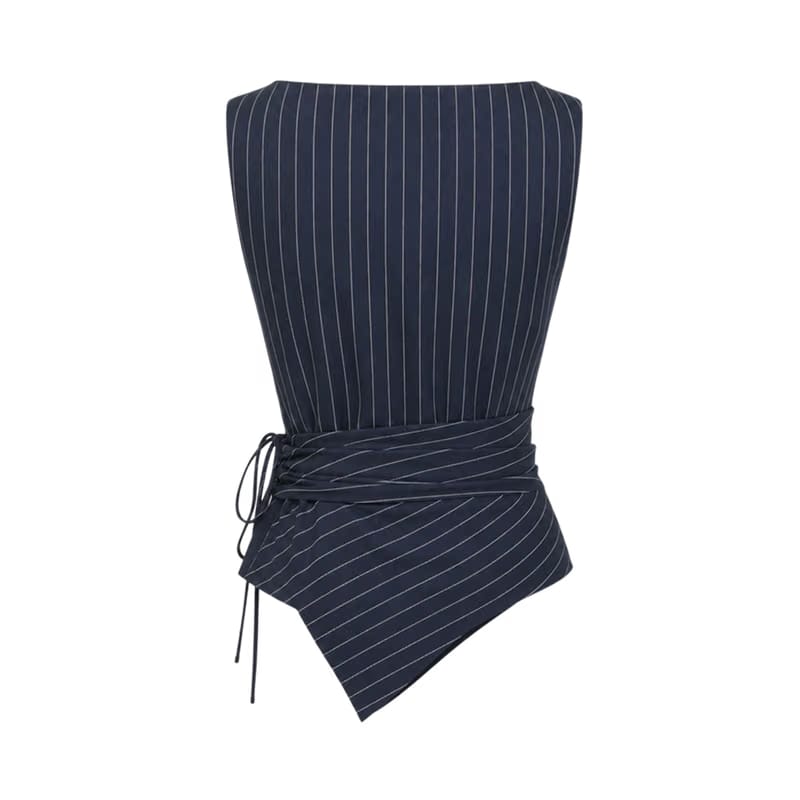 Valeria Pinstripe Asymmetric Wrap Top - Navy Pinstripe