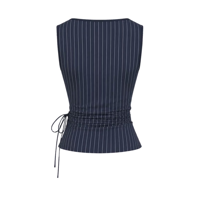 Valeria Pinstripe Asymmetric Wrap Top - Navy Pinstripe