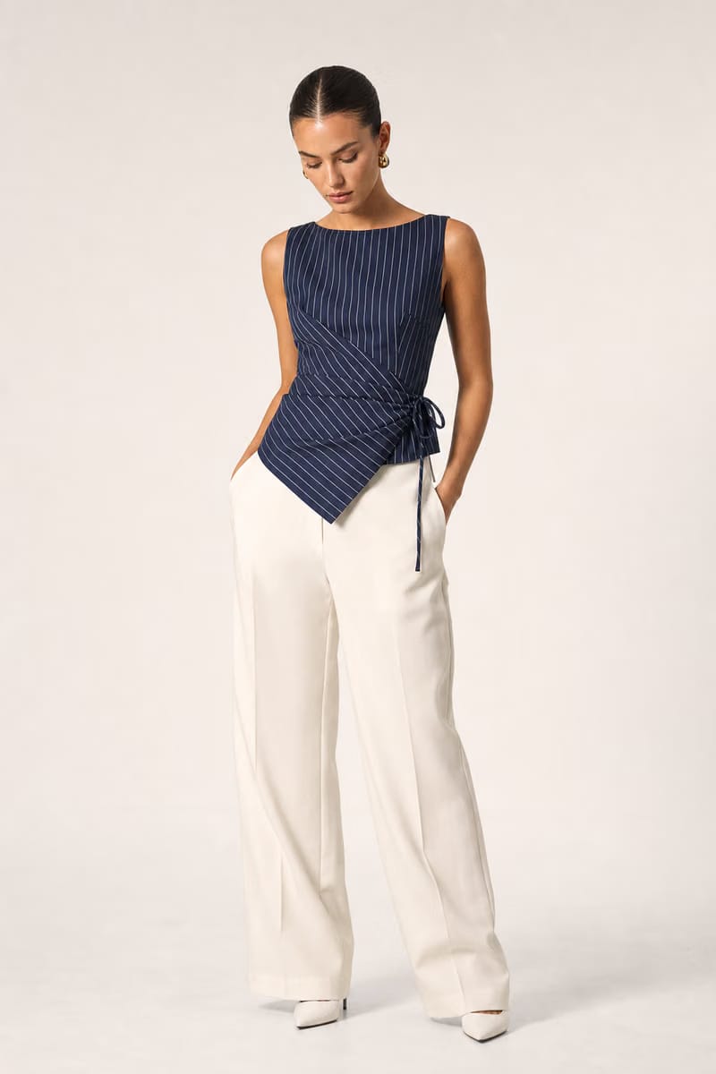 Valeria Pinstripe Asymmetric Wrap Top - Navy Pinstripe