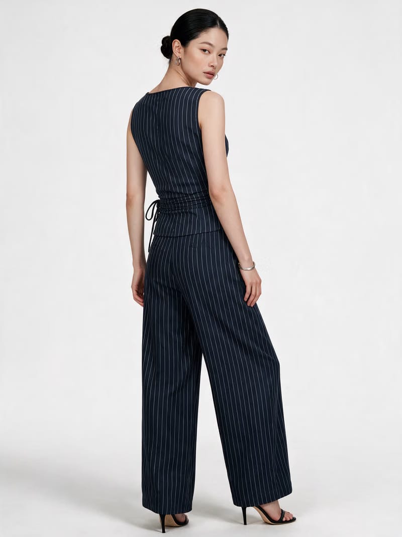 Valeria Pinstripe Asymmetric Wrap Top - Navy Pinstripe