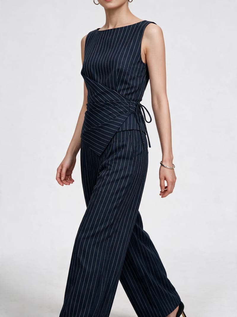 Valeria Pinstripe Asymmetric Wrap Top - Navy Pinstripe