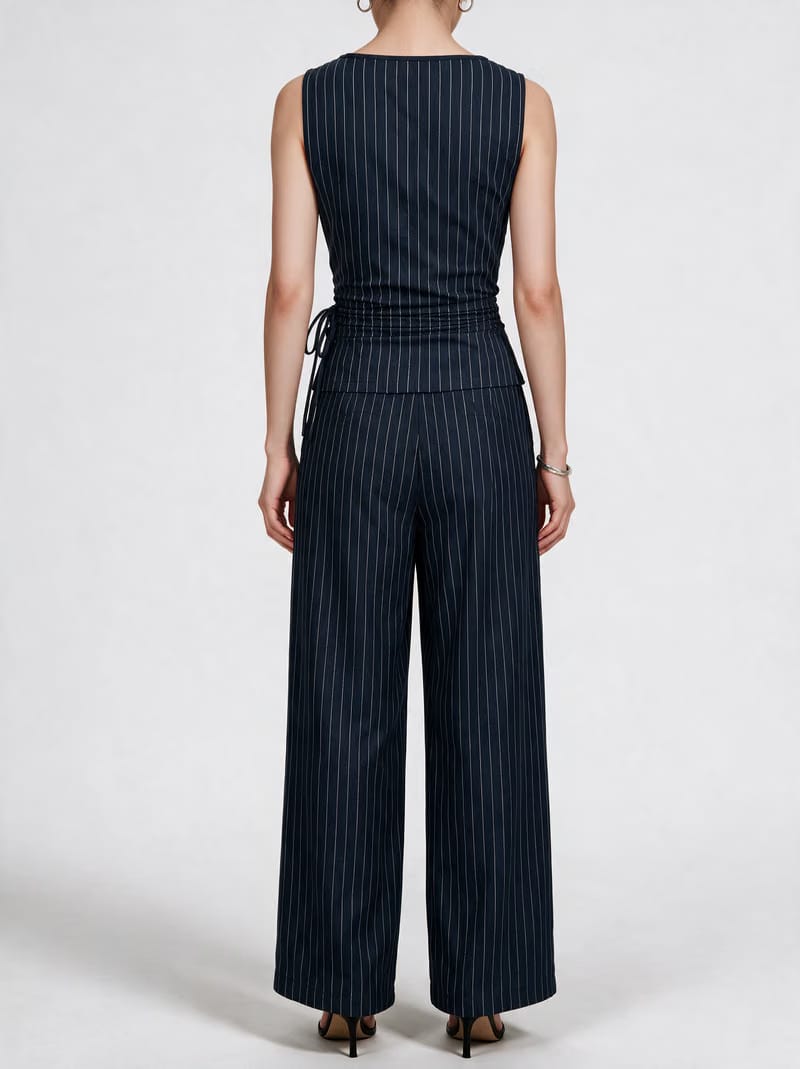 Valeria Pinstripe Asymmetric Wrap Top - Navy Pinstripe