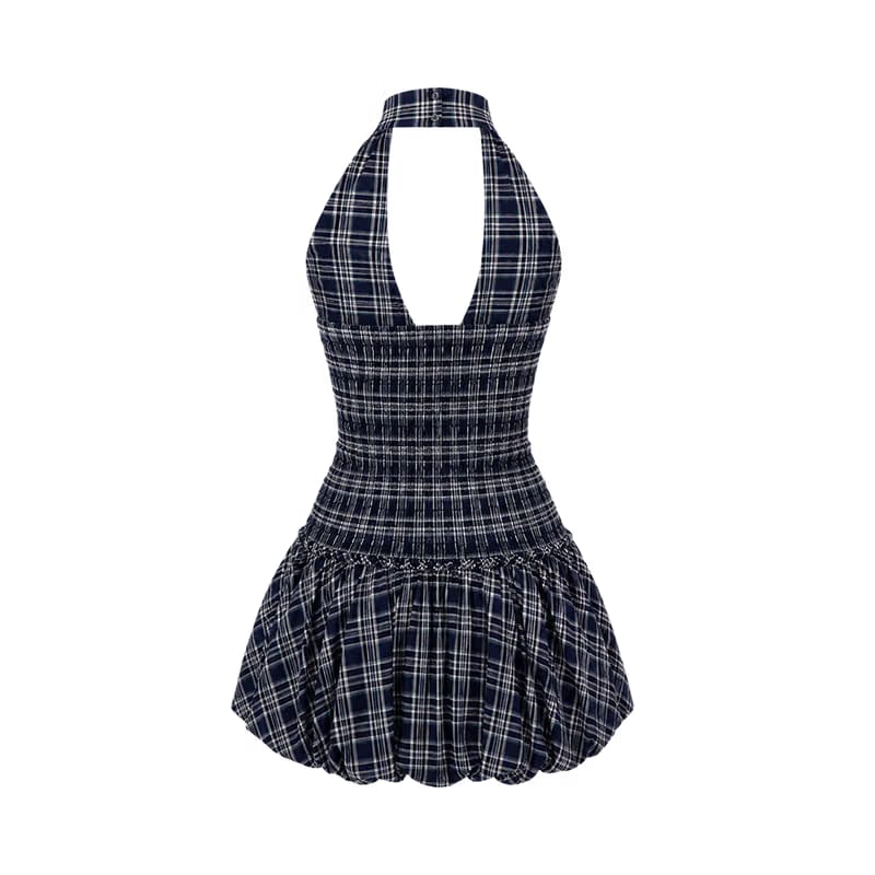 Valeria Plaid Halter Ruffle Dress - Navy Blue