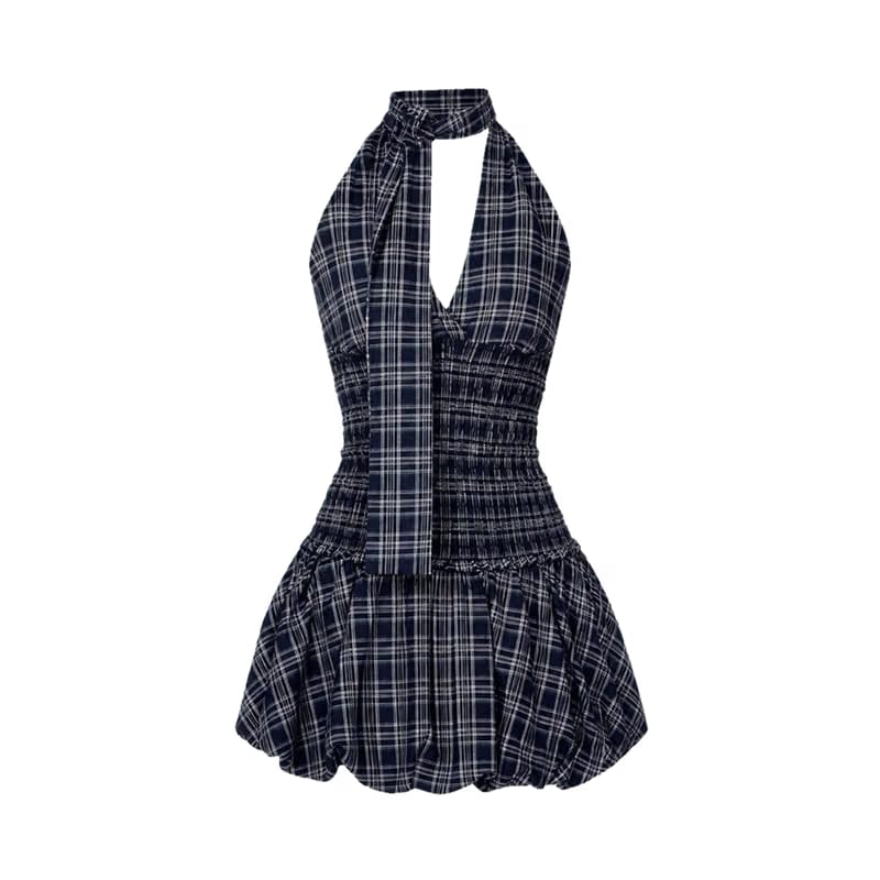 Valeria Plaid Halter Ruffle Dress - Navy Blue