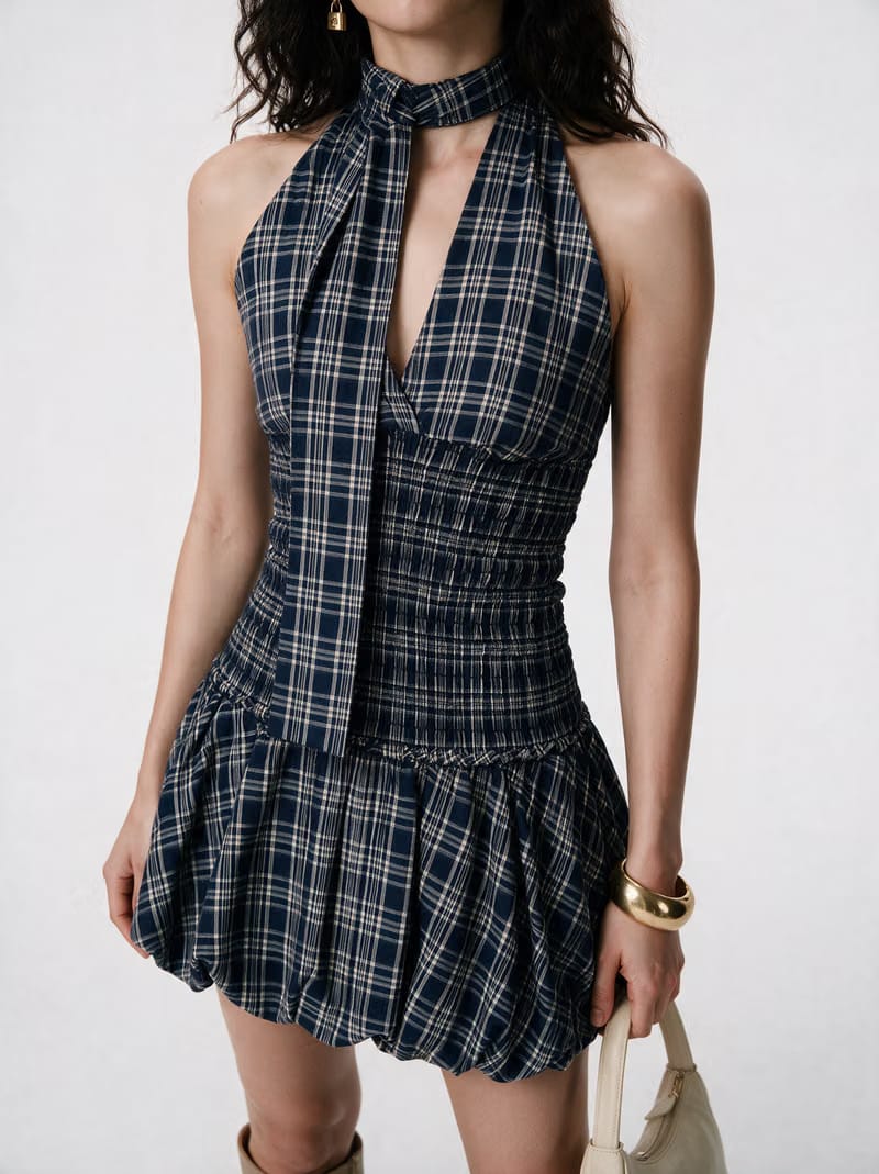 Valeria Plaid Halter Ruffle Dress - Navy Blue