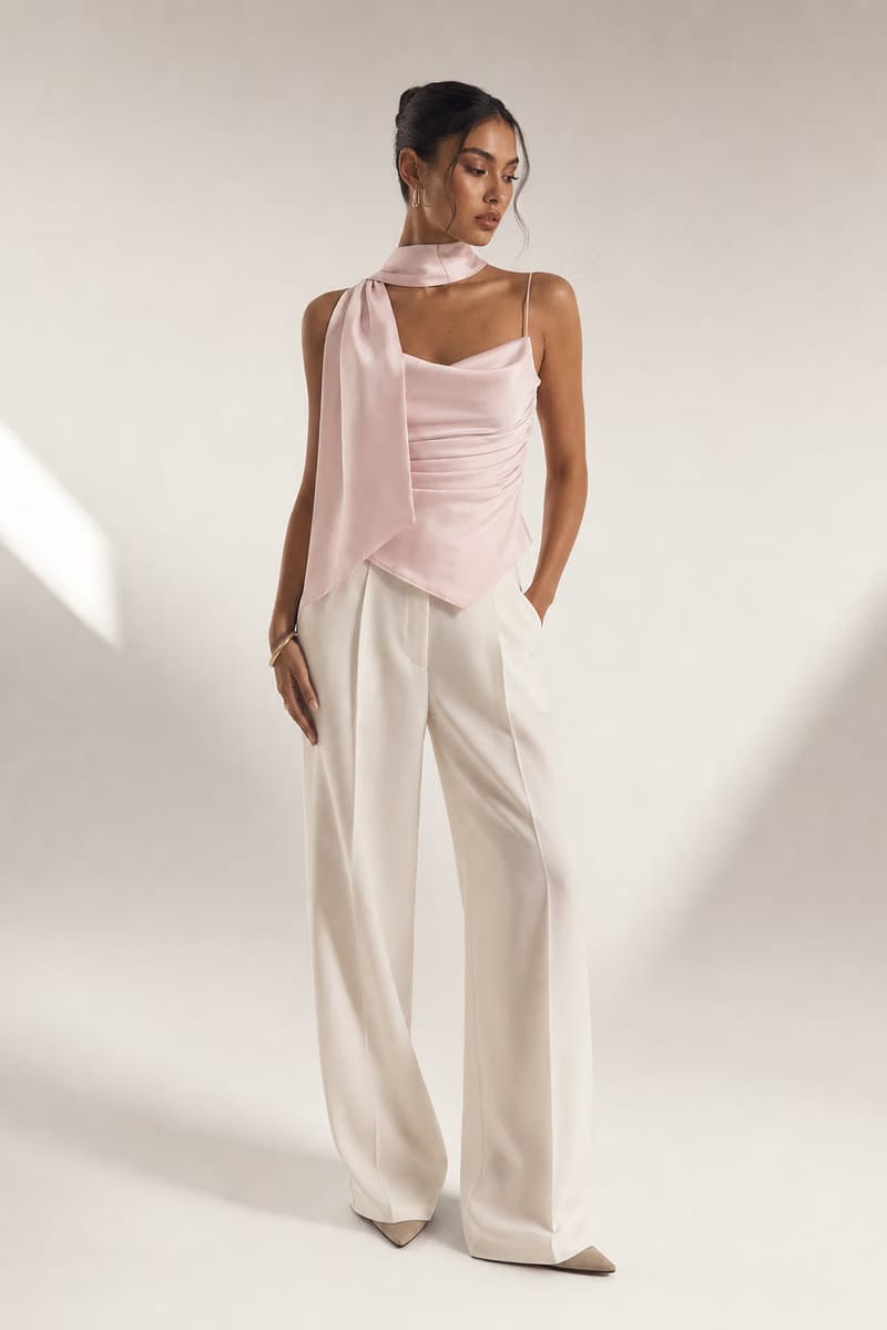 Valeria Sculpted Satin Scarf Top - Blush Pink