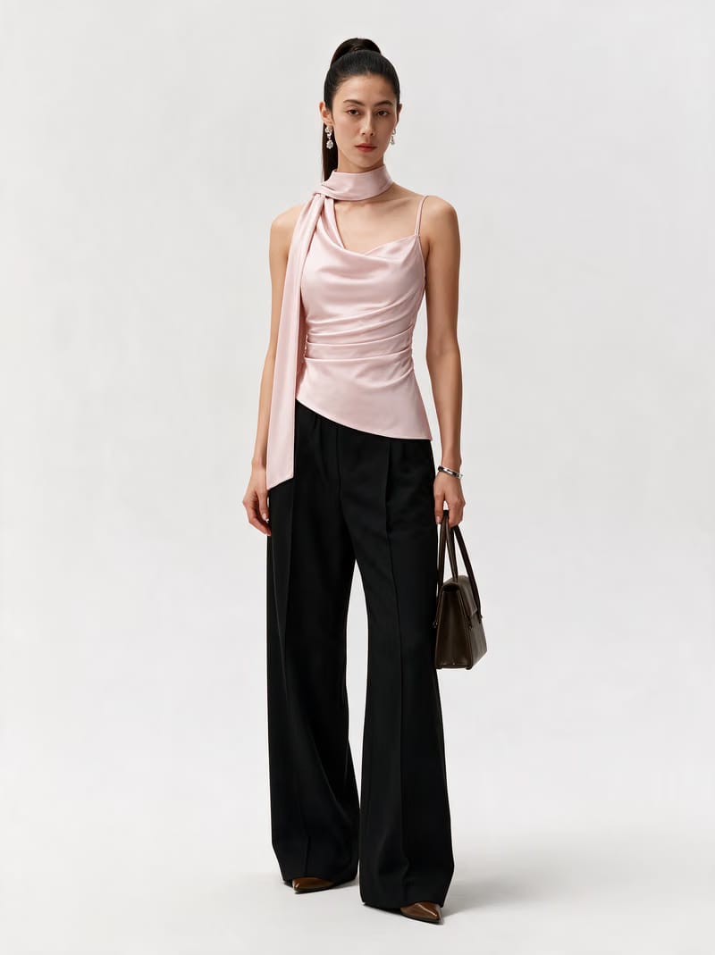 Valeria Sculpted Satin Scarf Top - Blush Pink