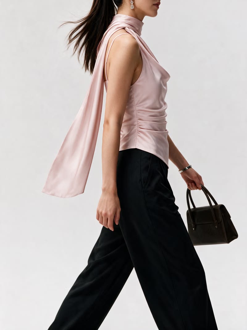 Valeria Sculpted Satin Scarf Top - Blush Pink