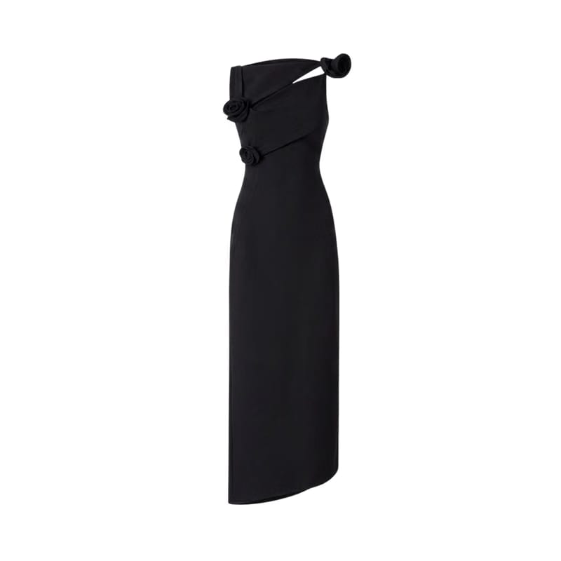 Valeria Twisted Foldover Midi Dress - Black