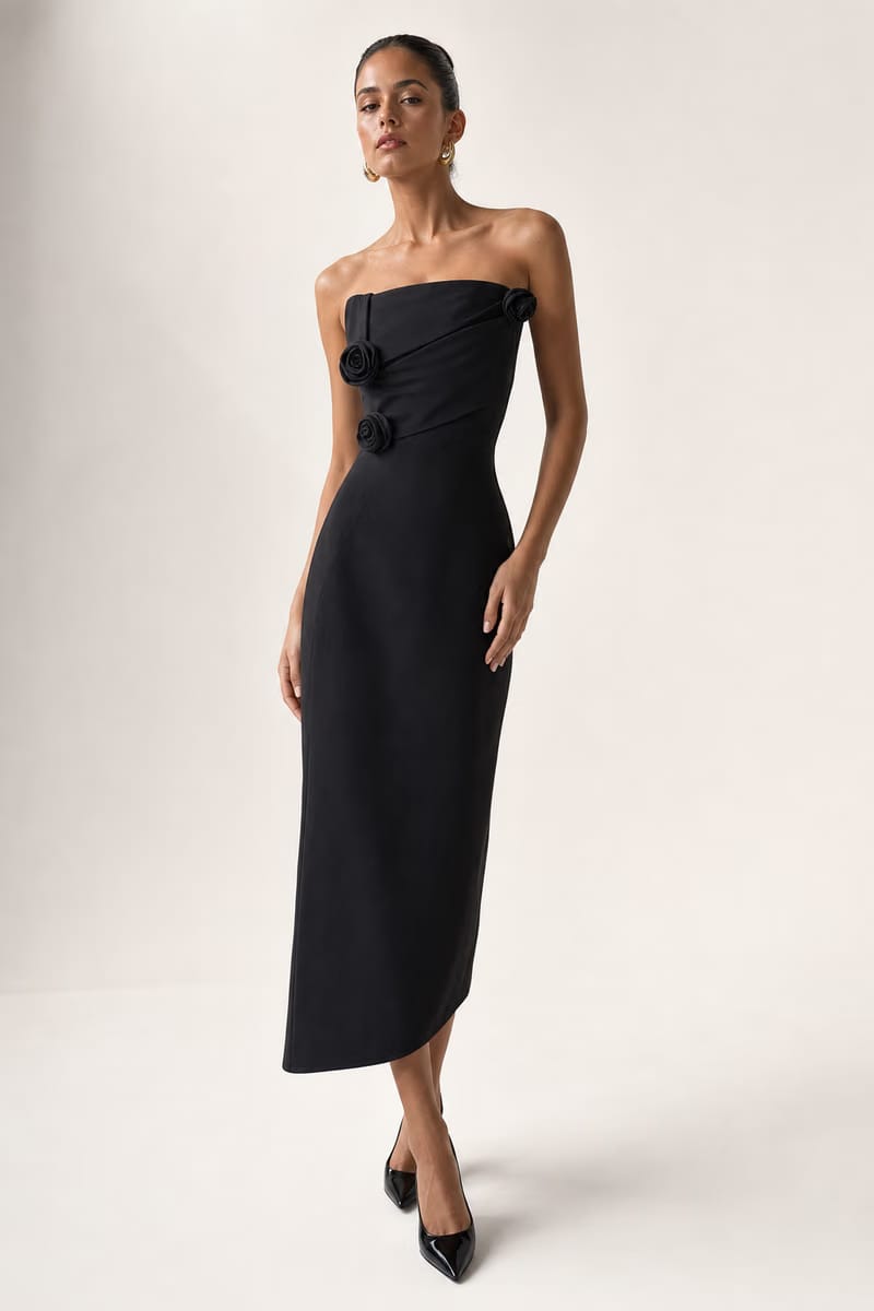 Valeria Twisted Foldover Midi Dress - Black
