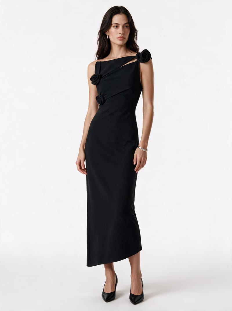 Valeria Twisted Foldover Midi Dress - Black