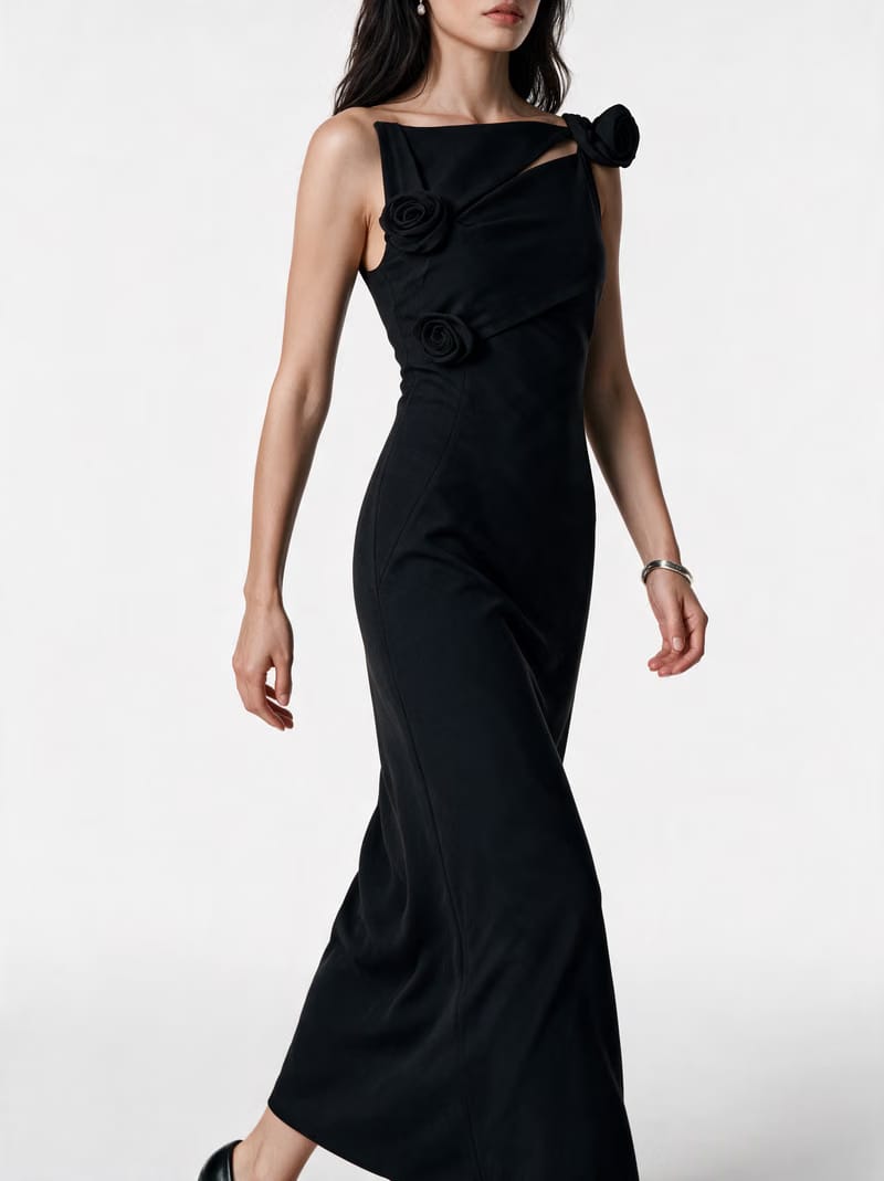 Valeria Twisted Foldover Midi Dress - Black