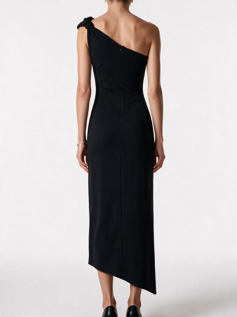 Valeria Twisted Foldover Midi Dress - Black