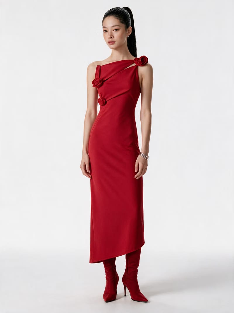 Valeria Twisted Foldover Midi Dress - Scarlet red