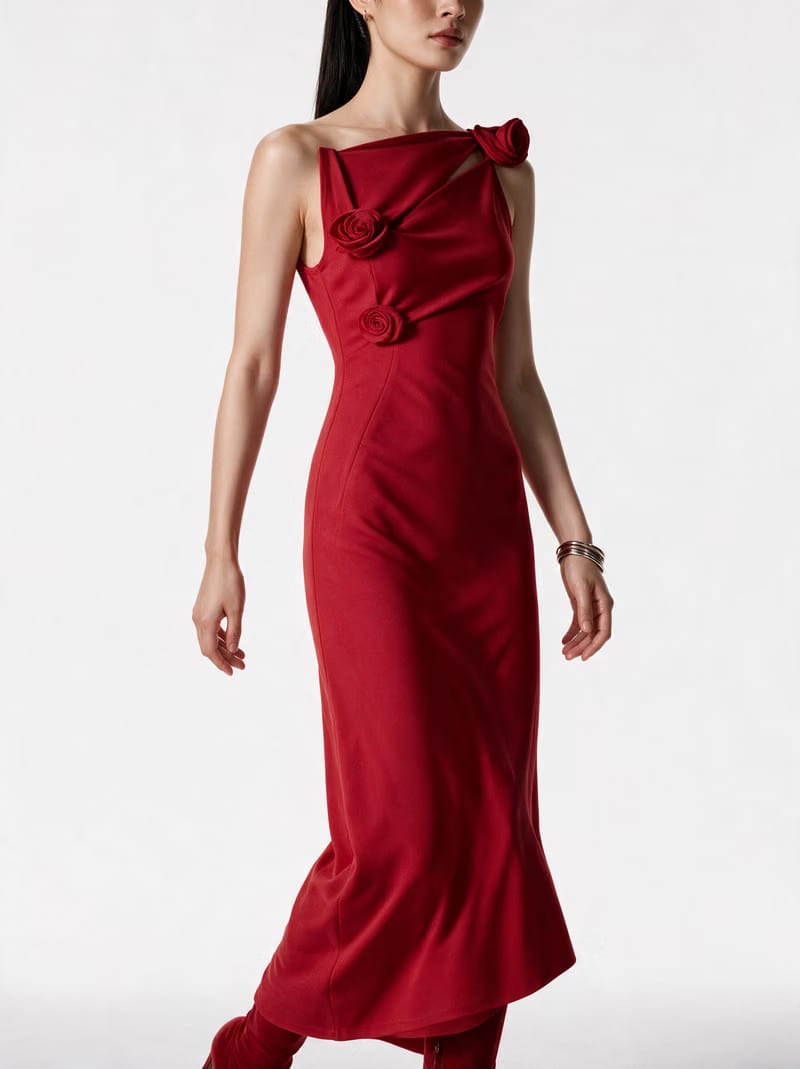 Valeria Twisted Foldover Midi Dress - Scarlet red