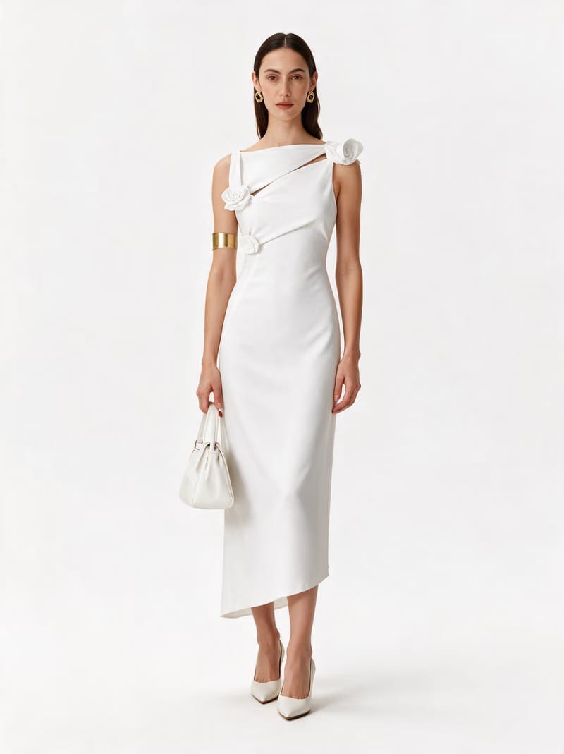 Valeria Twisted Foldover Midi Dress - White