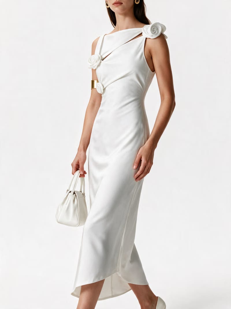 Valeria Twisted Foldover Midi Dress - White