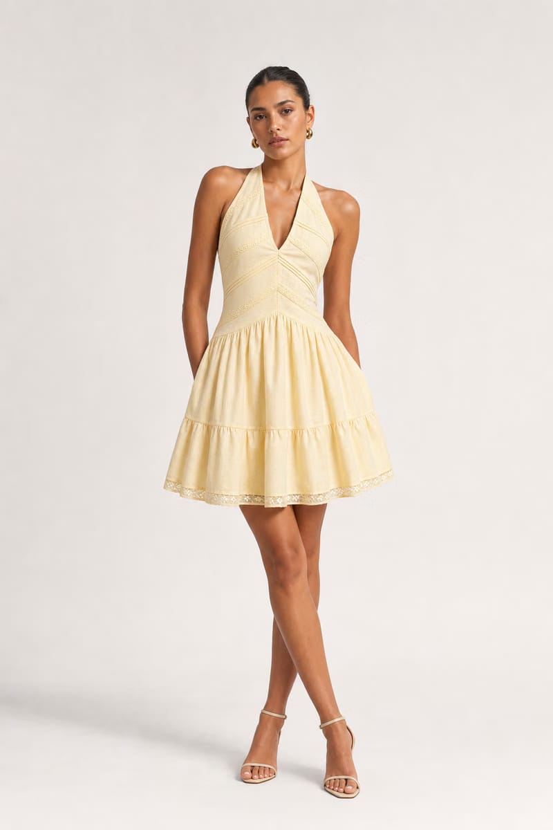 Valeria Twisted Halter Mini Dress - Butter Yellow