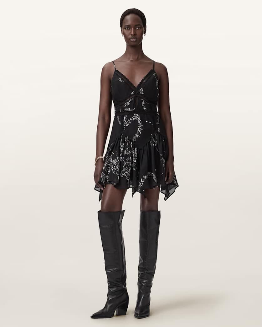 AllSaints Zia Asymmetric Mini Dress Women's Flight Black Women's