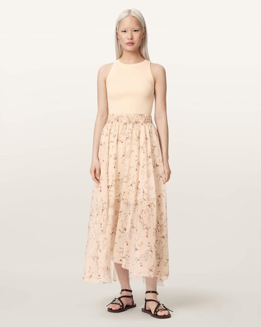 AllSaints Zenia Sleeveless Knit Woven Midi Dress Women's Carmel Off White Women's