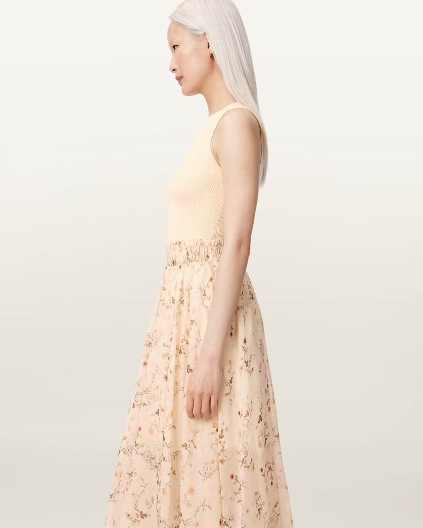 AllSaints Zenia Sleeveless Knit Woven Midi Dress Women's Carmel Off White Women's