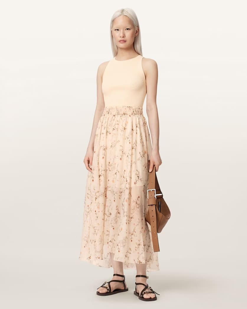 AllSaints Zenia Sleeveless Knit Woven Midi Dress Women's Carmel Off White Women's
