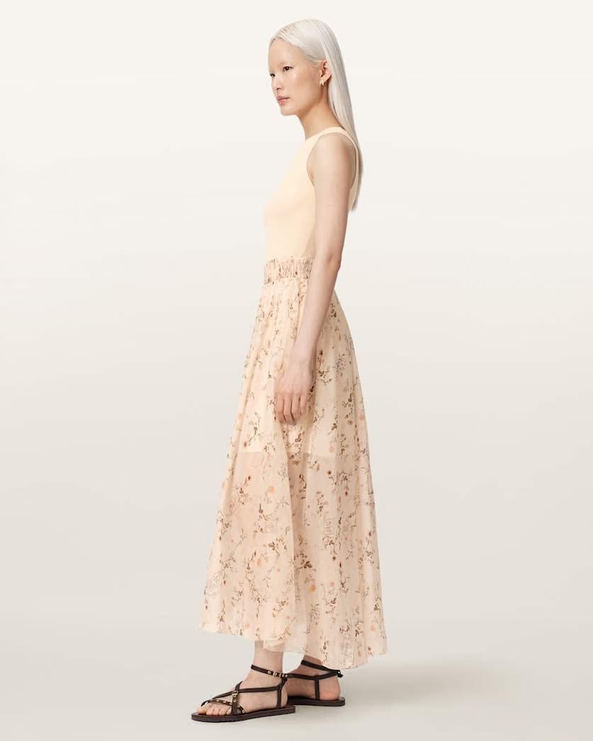 AllSaints Zenia Sleeveless Knit Woven Midi Dress Women's Carmel Off White Women's