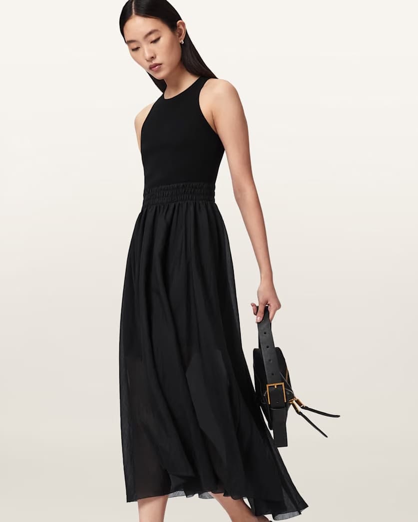 AllSaints Zenia Sleeveless Asymmetric Midi Dress Women's Black Women's