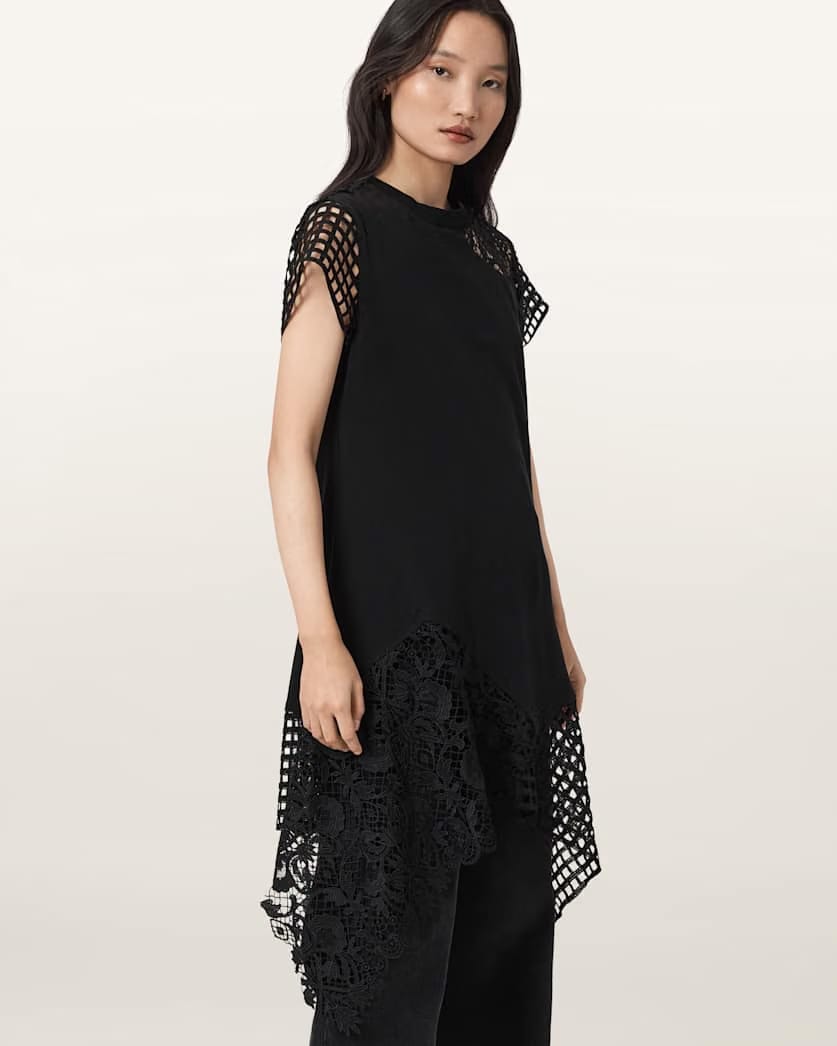 AllSaints Zala Crochet T Shirt Dress Women's Black Women's