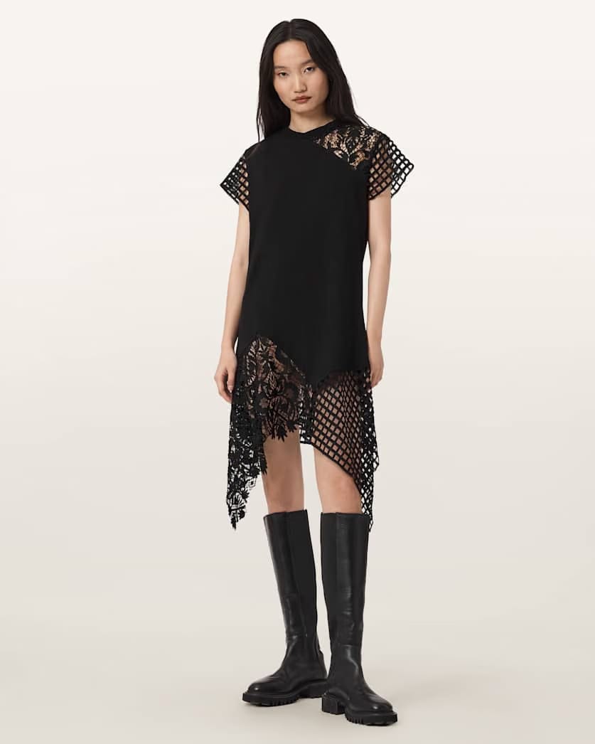 AllSaints Zala Crochet T Shirt Dress Women's Black Women's