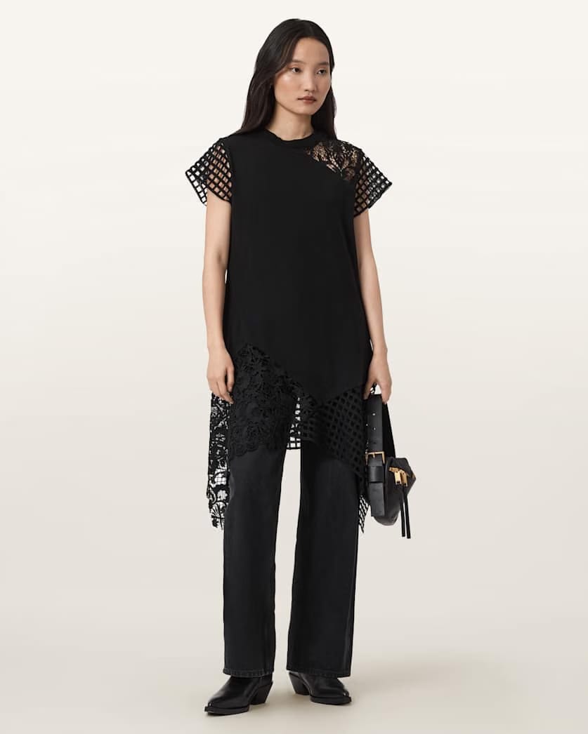 AllSaints Zala Crochet T Shirt Dress Women's Black Women's