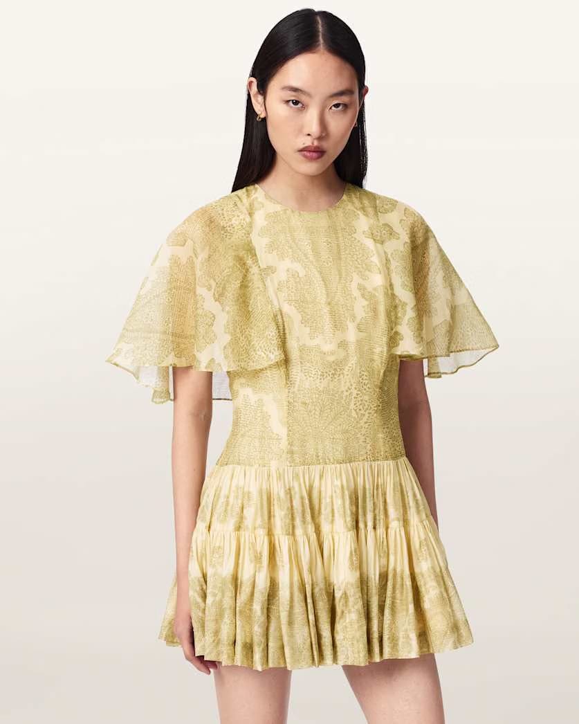 AllSaints Yanna Slim Fit Tiered Mini Dress Women's Joanne Gold Green Women's