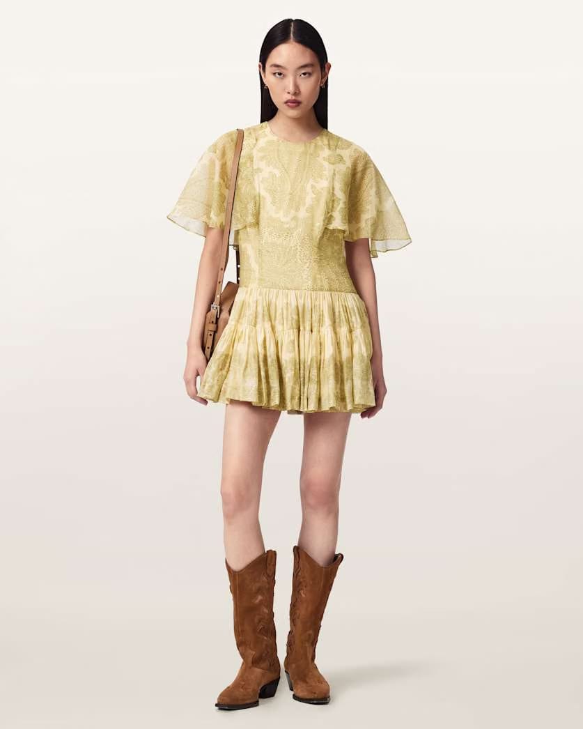 AllSaints Yanna Slim Fit Tiered Mini Dress Women's Joanne Gold Green Women's