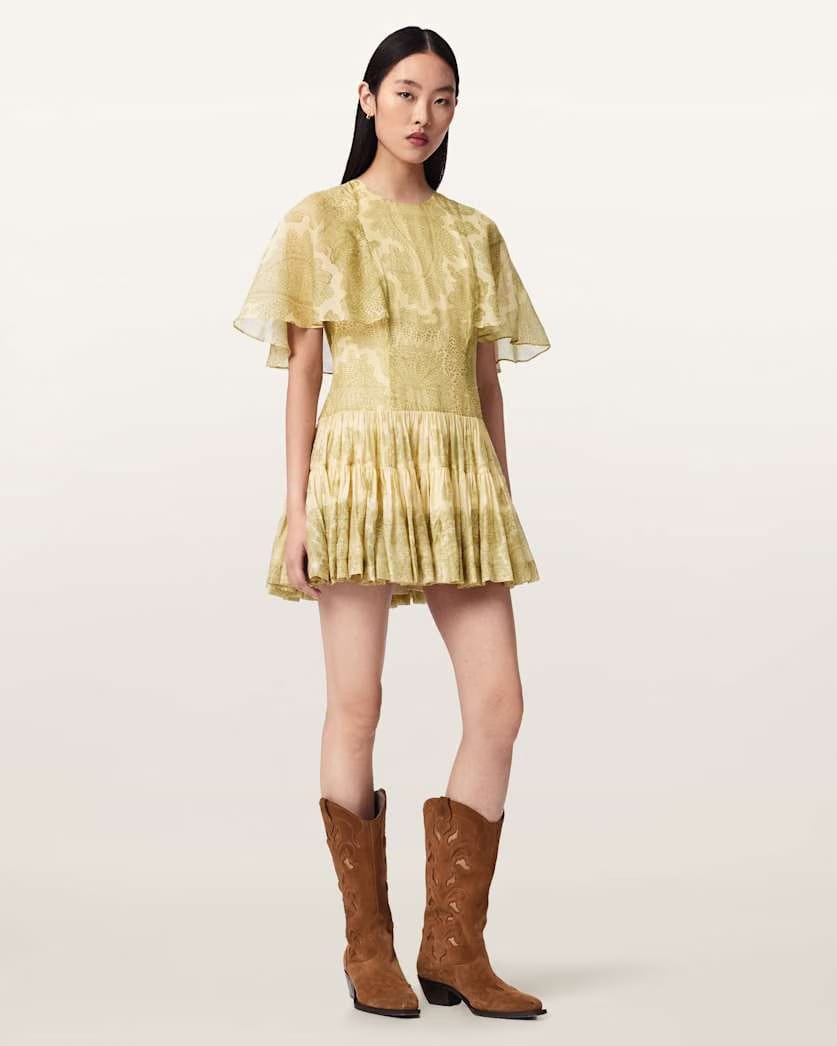 AllSaints Yanna Slim Fit Tiered Mini Dress Women's Joanne Gold Green Women's