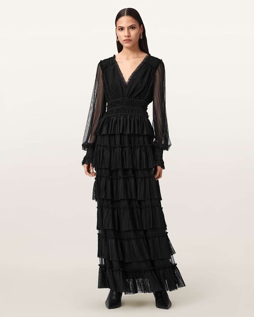 AllSaints Xantara Shirred Maxi Dress Women's Black Women's