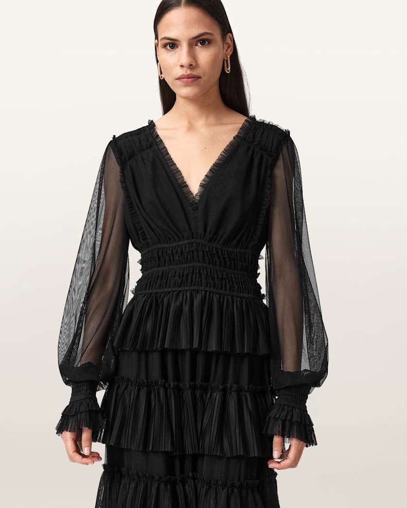 AllSaints Xantara Shirred Maxi Dress Women's Black Women's