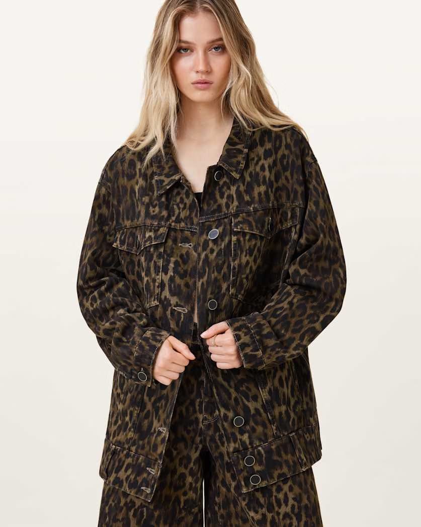 AllSaints Willow Leopard Print Denim Jacket Women's Leppo Brown Women's