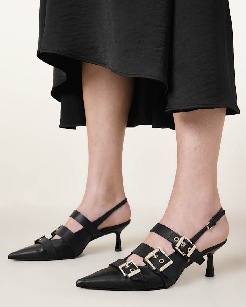 AllSaints Vivian Leather Buckle Slingback Heels Women's Black Women's