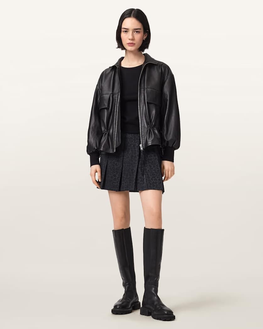 AllSaints Viola Leopard Print Pleated Mini Skirt Women's Leppo Black Women's