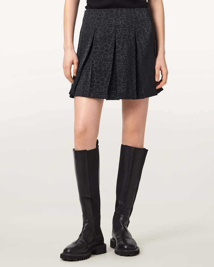 AllSaints Viola Leopard Print Pleated Mini Skirt Women's Leppo Black Women's