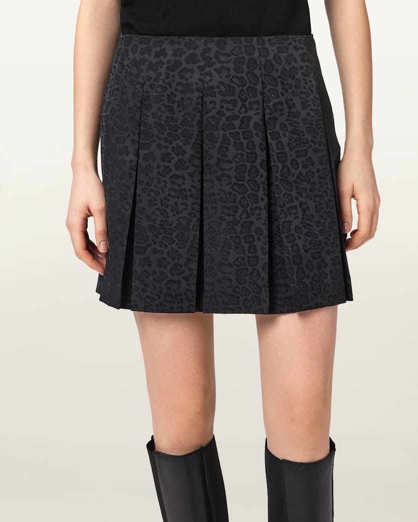 AllSaints Viola Leopard Print Pleated Mini Skirt Women's Leppo Black Women's
