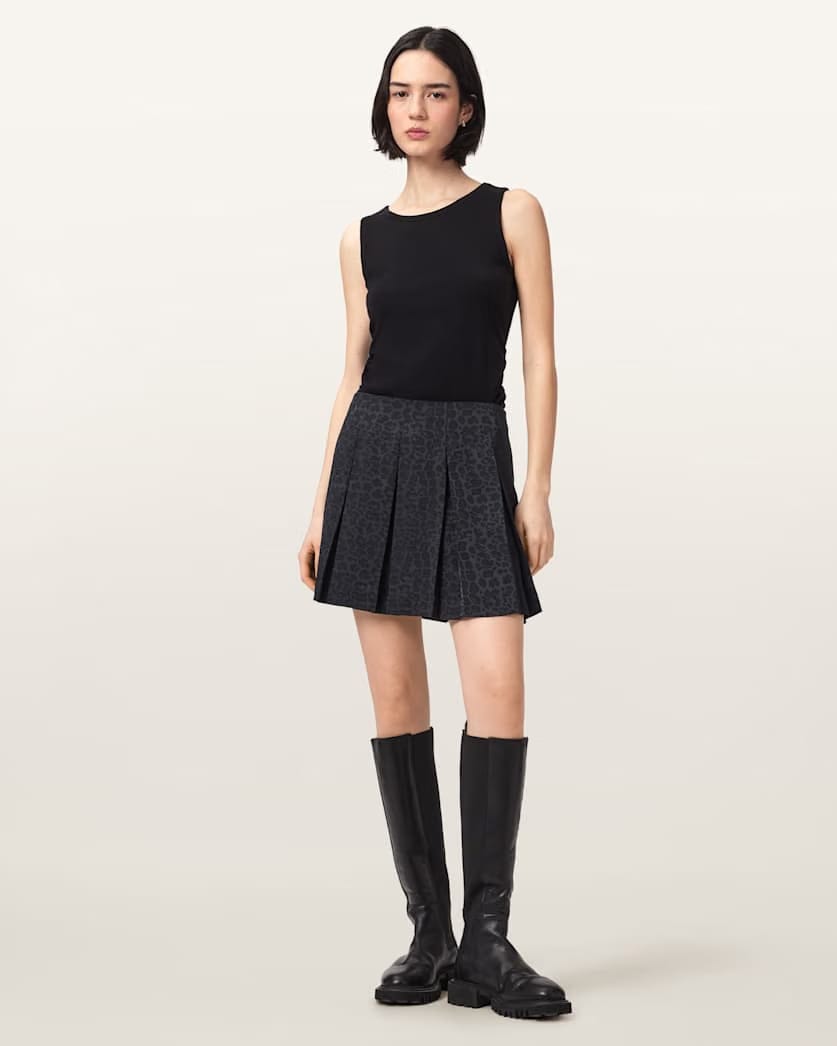 AllSaints Viola Leopard Print Pleated Mini Skirt Women's Leppo Black Women's